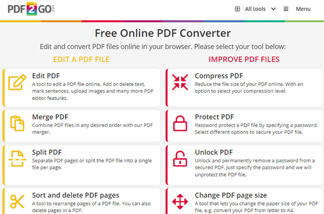 PDF2Go convert to PDF online