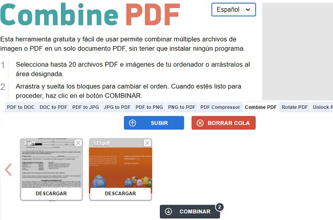 combinepdf fusionar pdf en línea