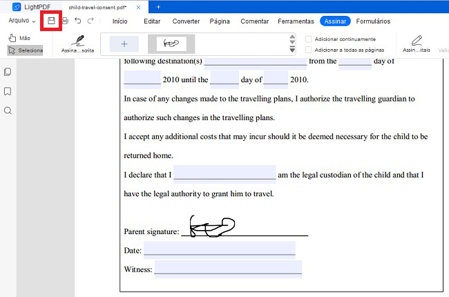 lightpdf salvar assinar um formulário pdf