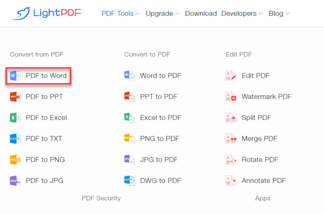 choose LightPDF PDF to Word tool