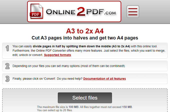 A3 PDF via Online2PDF in A4 splitten