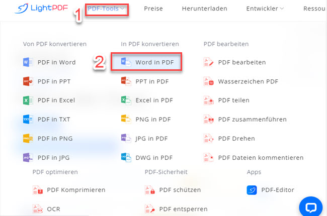 Word in PDF Tool wählen