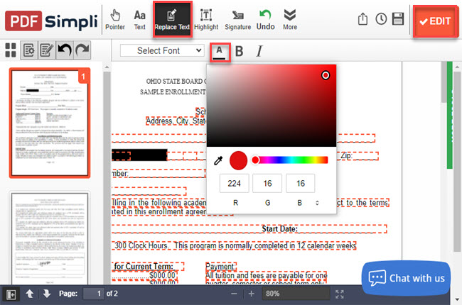 how to change text color in PDF with PDFSimpli