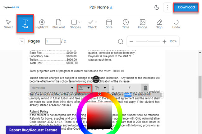 change PDF text color with TinyWow PDF