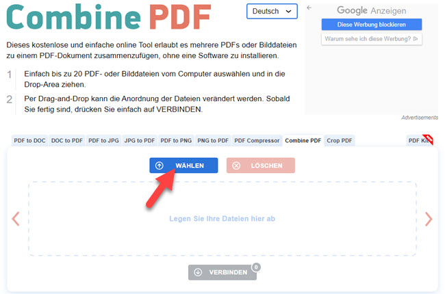 PDF online auf CombinePDF zusammenfügen