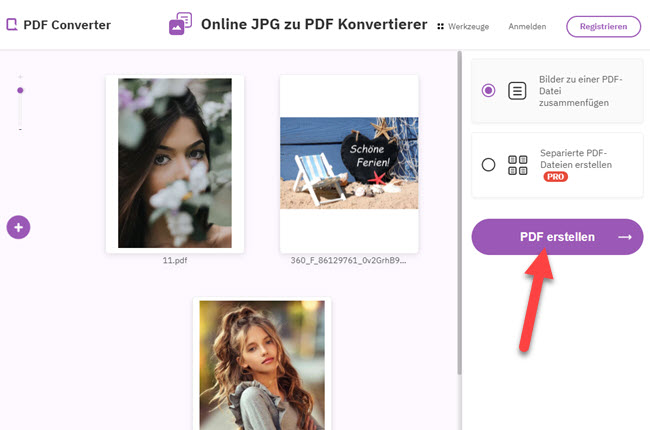 JPEGs online zu PDF zusammenfügen