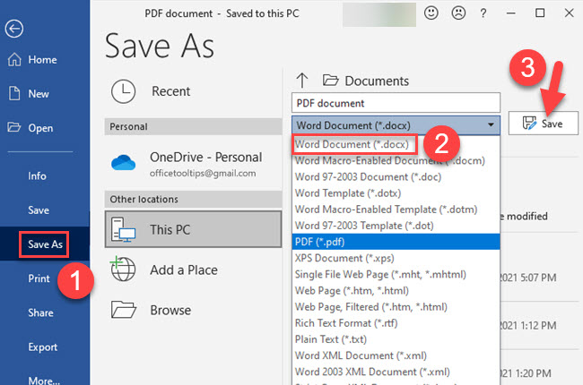 save pdf file to word document