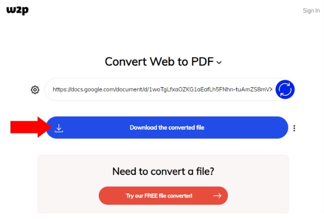 turn webpage into PDF w2p tool