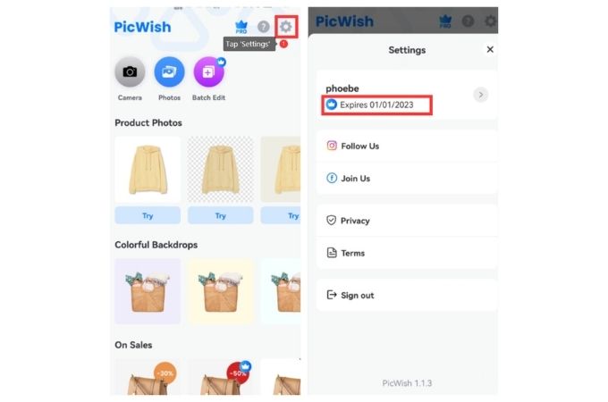 picwish go to settings