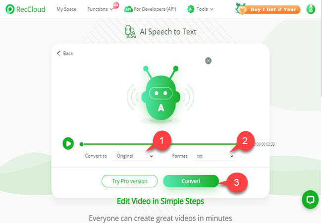 reccloud transcribe voice recording to text free