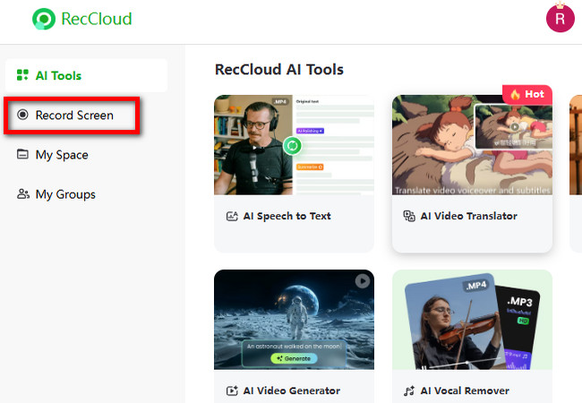 access reccloud screen recorder webpage