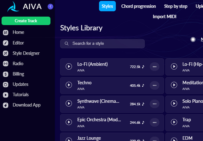 aiva main interface music generator