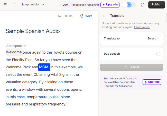 descript main interface for spanish translation