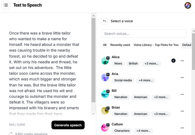 elevenlabs main interface for text to speech