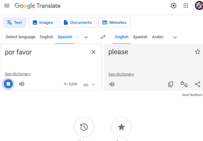 google translate main interface for spanish translation