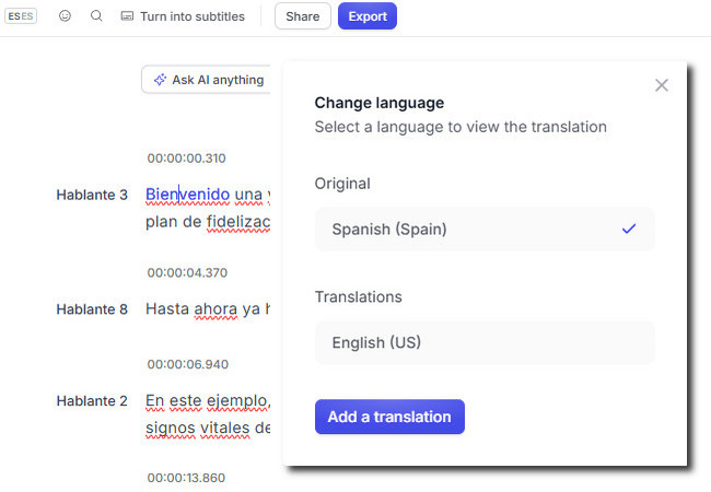 happy scribe main interface for spanish translation