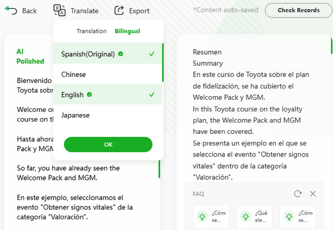 reccloud main interface for spanish translation