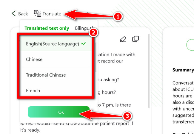 translate the transcribe text output