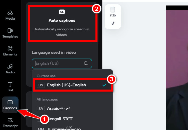 capcut select the first subtitles language