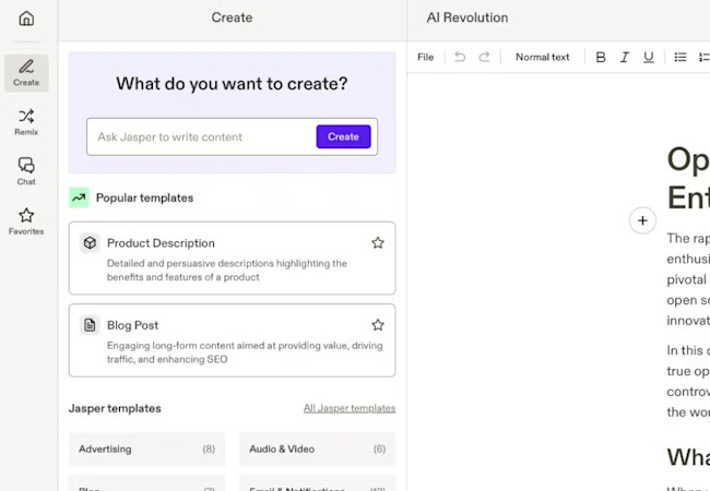 jasper ai tool main interface