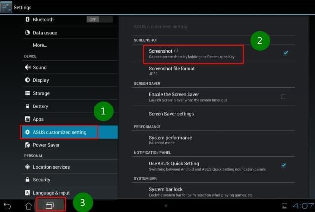 screenshot on Asus tablet