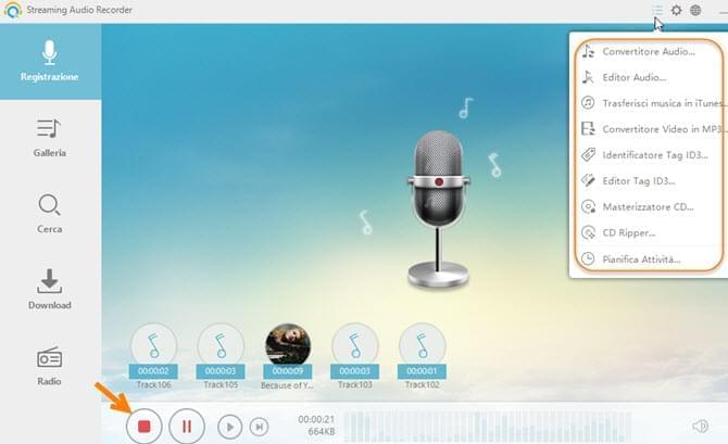 Registrare l'audio tramite Streaming Audio Recorder