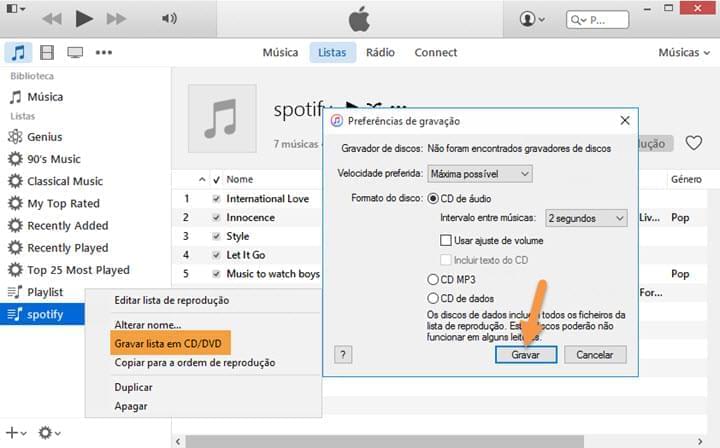 gravar lista de reprodução para o disco