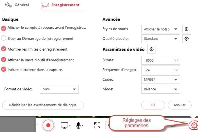 paramètres d'enregistrement