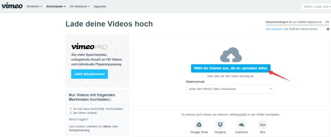 Vimeo Video online hochladen