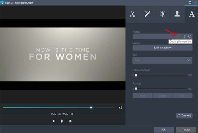 dodać tekst do filmu