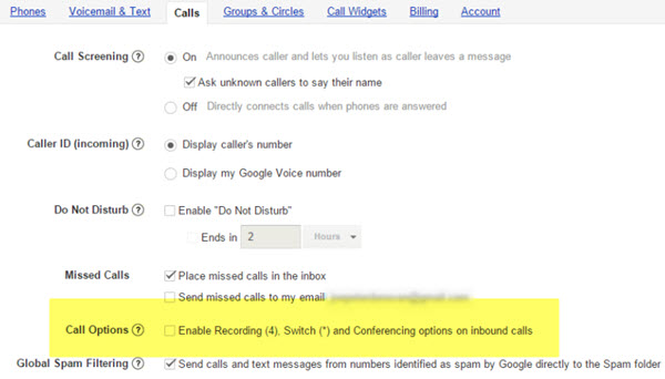 enregistrer appel via googlevoice