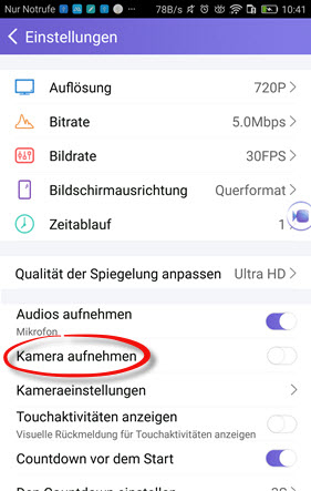 Aufnahmeeinstellungen auf Android