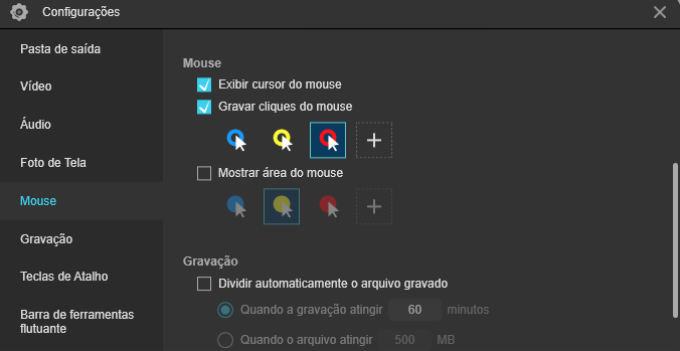 Configurações do mouse