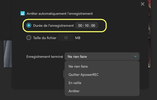 arrêter automatiquement l'enregistrement